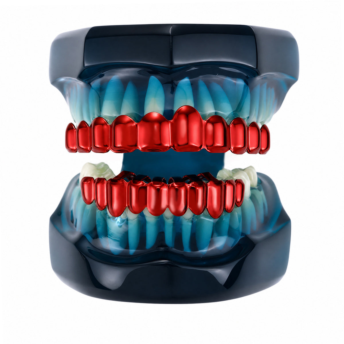 Red upper and lower grillz fitted to a translucent blue dental display model