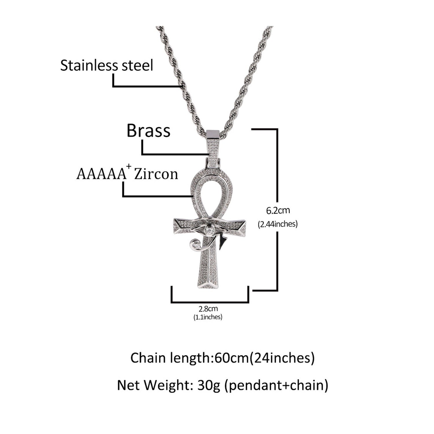 Ankh Eye of Horus pendant size and material specifications
