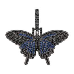 Black mini solid iced butterfly pendant with blue cubic zirconia on white