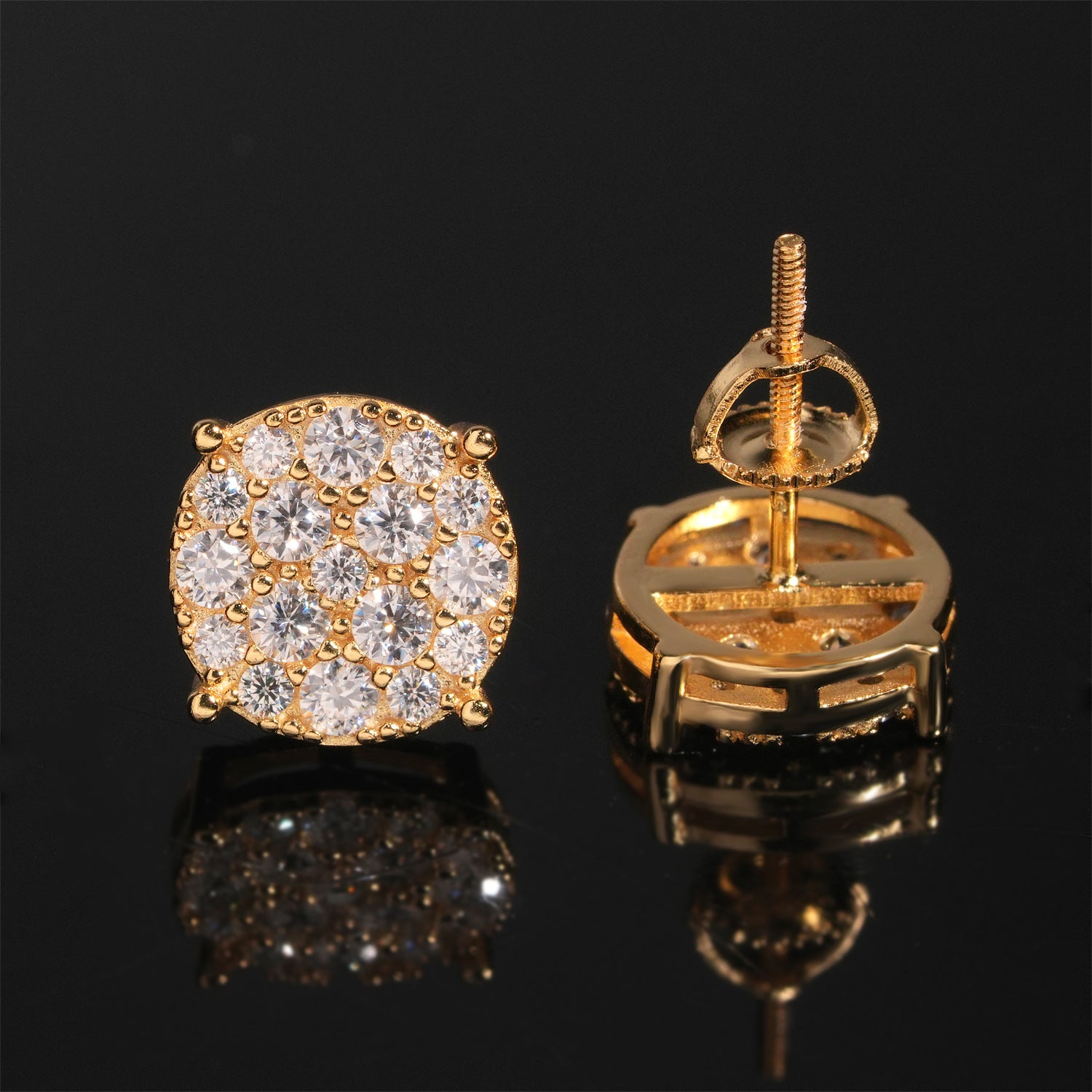 Gold ice crystal moissanite stud earring stone cluster close-up