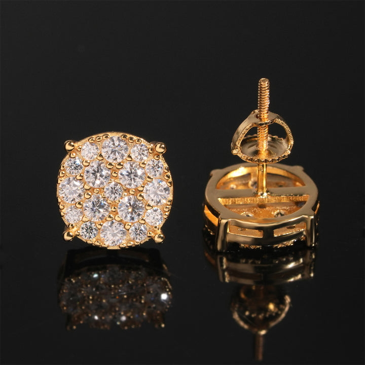 Gold-tone cluster stud earrings showing front and back on black