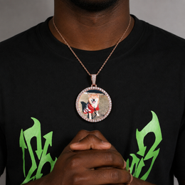 A model showing the custom photo pendant