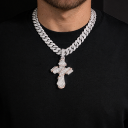 Model wearing a Silver and Rose Gold iced thorn cross pendant