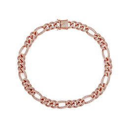 Rose Gold 10mm iced out Figaro chain on a white background
