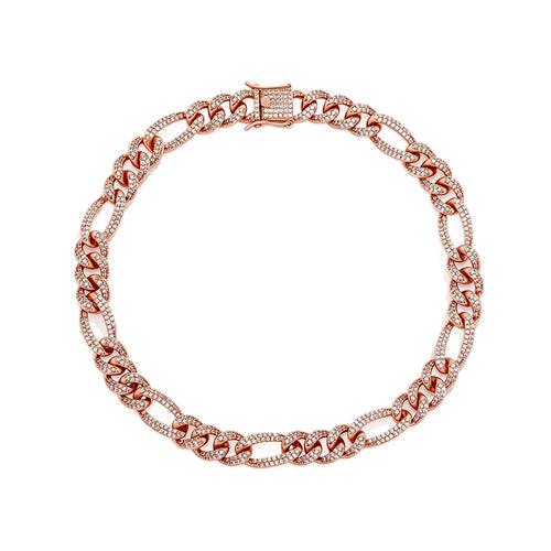 Rose Gold 10mm iced out Figaro chain on a white background