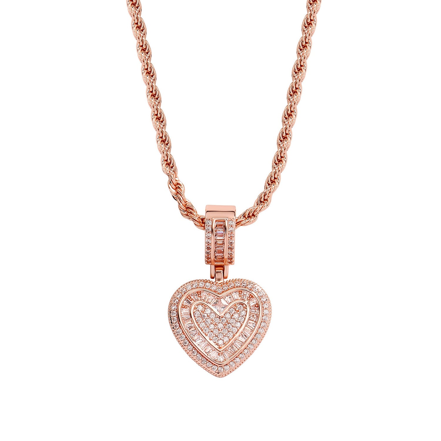 Rose Gold baguette iced double heart pendant with white cubic zirconia