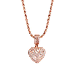 Rose Gold baguette iced double heart pendant with white cubic zirconia