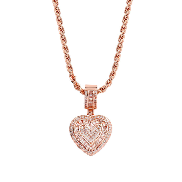 Rose Gold baguette iced double heart pendant with white cubic zirconia