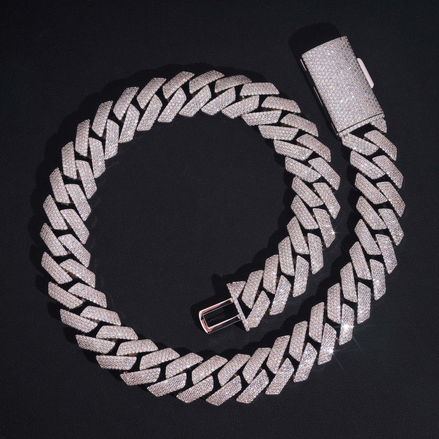 Silver 4-row iced Cuban chain and stone-covered box clasp