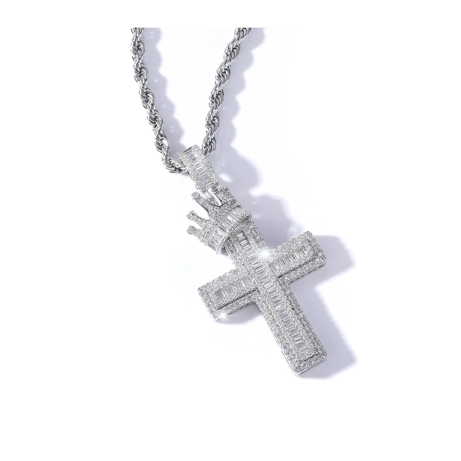Silver iced crown cross pendant angled detail