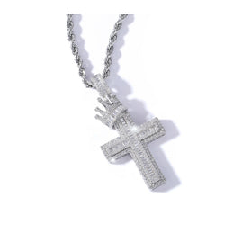 Silver iced crown cross pendant angled detail