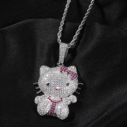 Silver iced pink bow cat pendant styled on black fabric