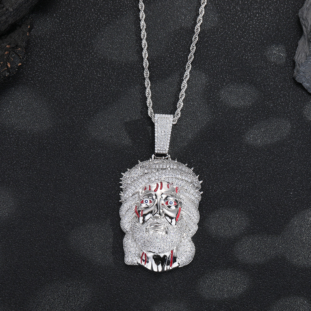 Silver-tone iced Crown of Thorns Jesus pendant front view on black