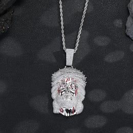 Silver-tone iced Crown of Thorns Jesus pendant front view on black