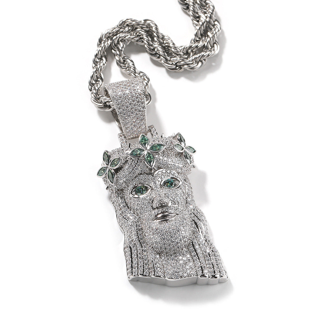 Angled silver-tone crowned portrait pendant with multicolor stones