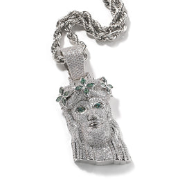 Angled silver-tone crowned portrait pendant with multicolor stones