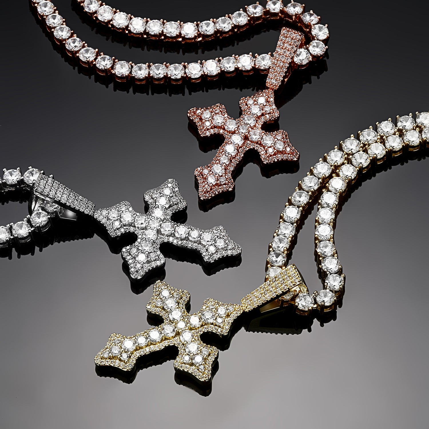 Iced vintage cross pendants in Rose Gold Silver and Gold finishes