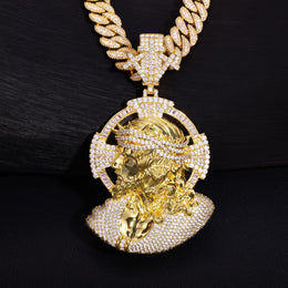 Gold iced 3D crown of thorns Jesus portrait pendant front view