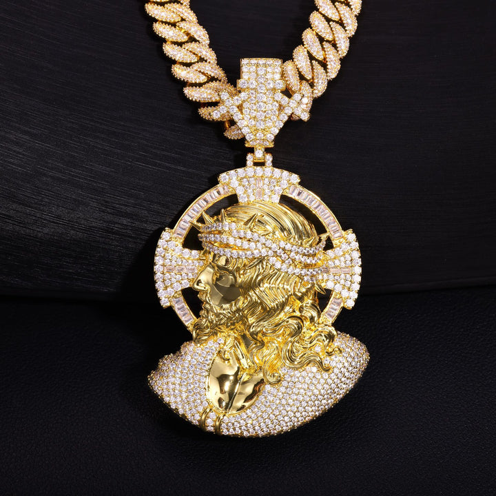 Gold iced 3D crown of thorns Jesus portrait pendant front view
