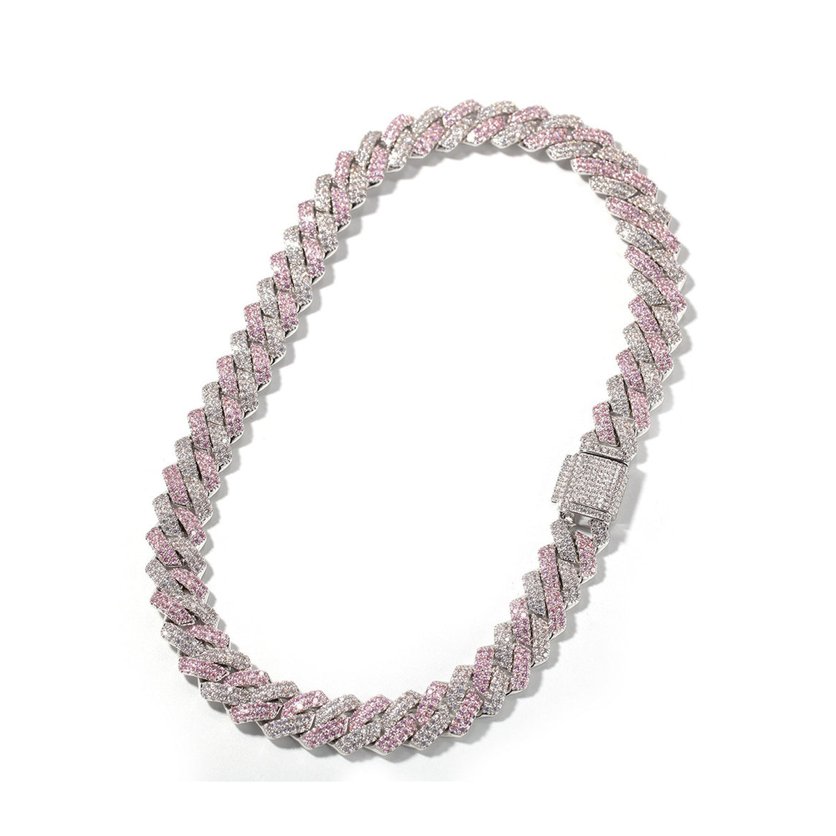 13mm iced geometric Cuban chain bracelet and necklace silver pink