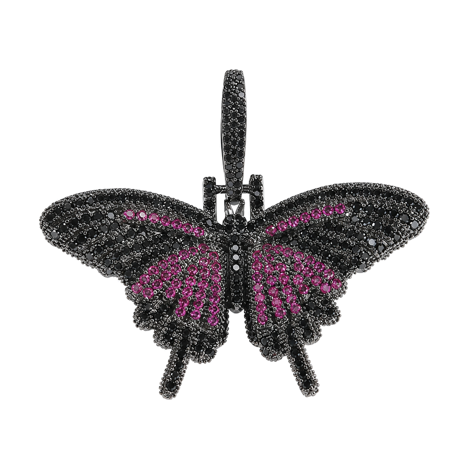 Black mini solid iced butterfly pendant with magenta cubic zirconia on white