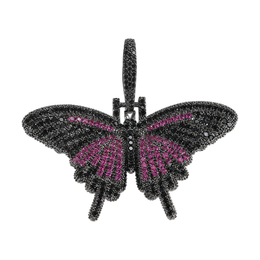 Black mini solid iced butterfly pendant with magenta cubic zirconia on white