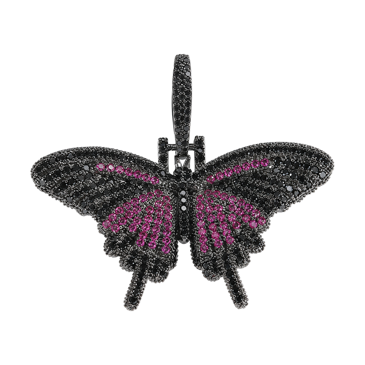 Black mini solid iced butterfly pendant with magenta cubic zirconia on white