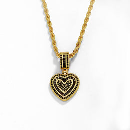 Gold baguette iced double heart pendant with black cubic zirconia