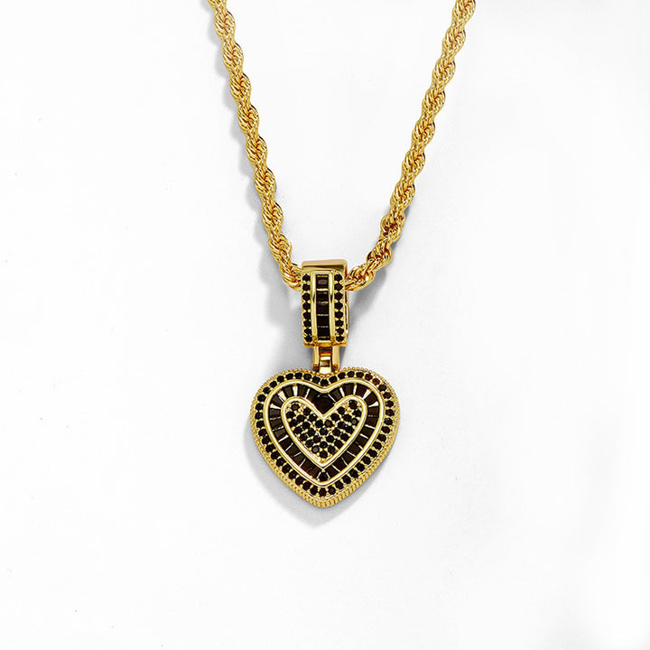 Gold baguette iced double heart pendant with black cubic zirconia