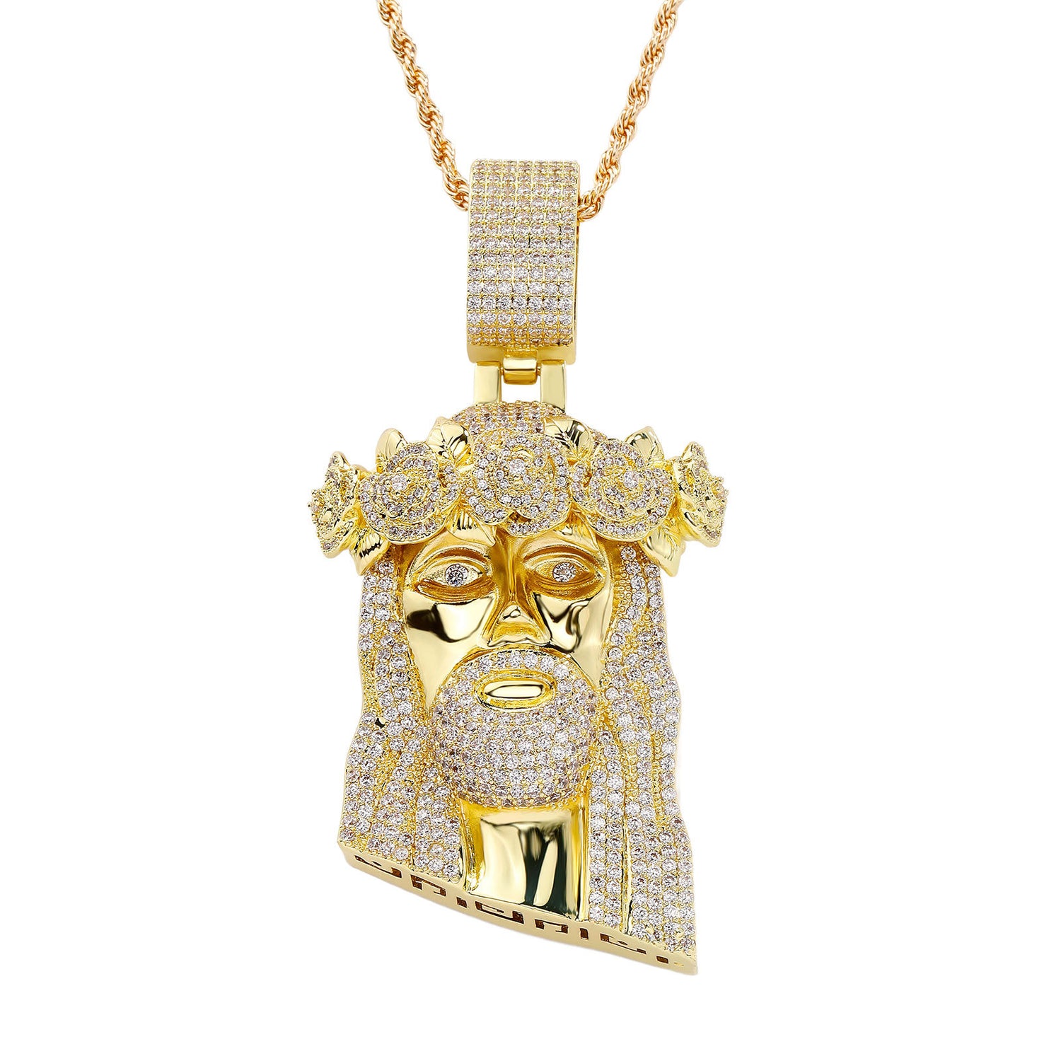 Gold iced Jesus Piece pendant centered product view on white