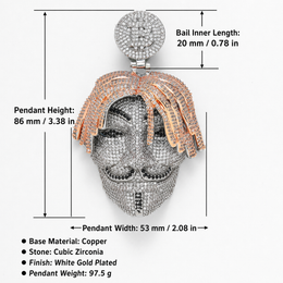 Iced mask pendant size guide showing 86 by 53 millimetres