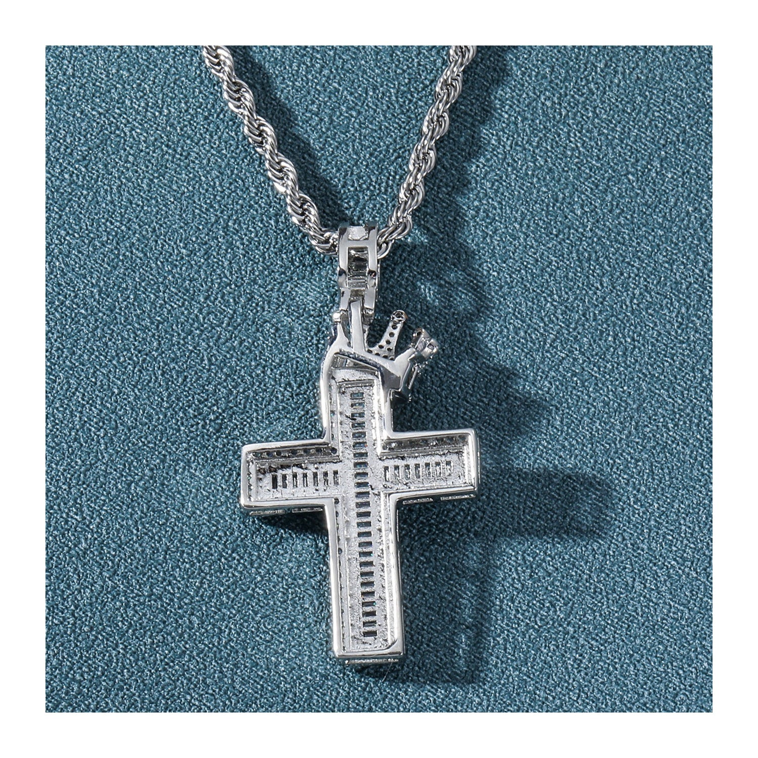 Silver crown cross pendant back construction
