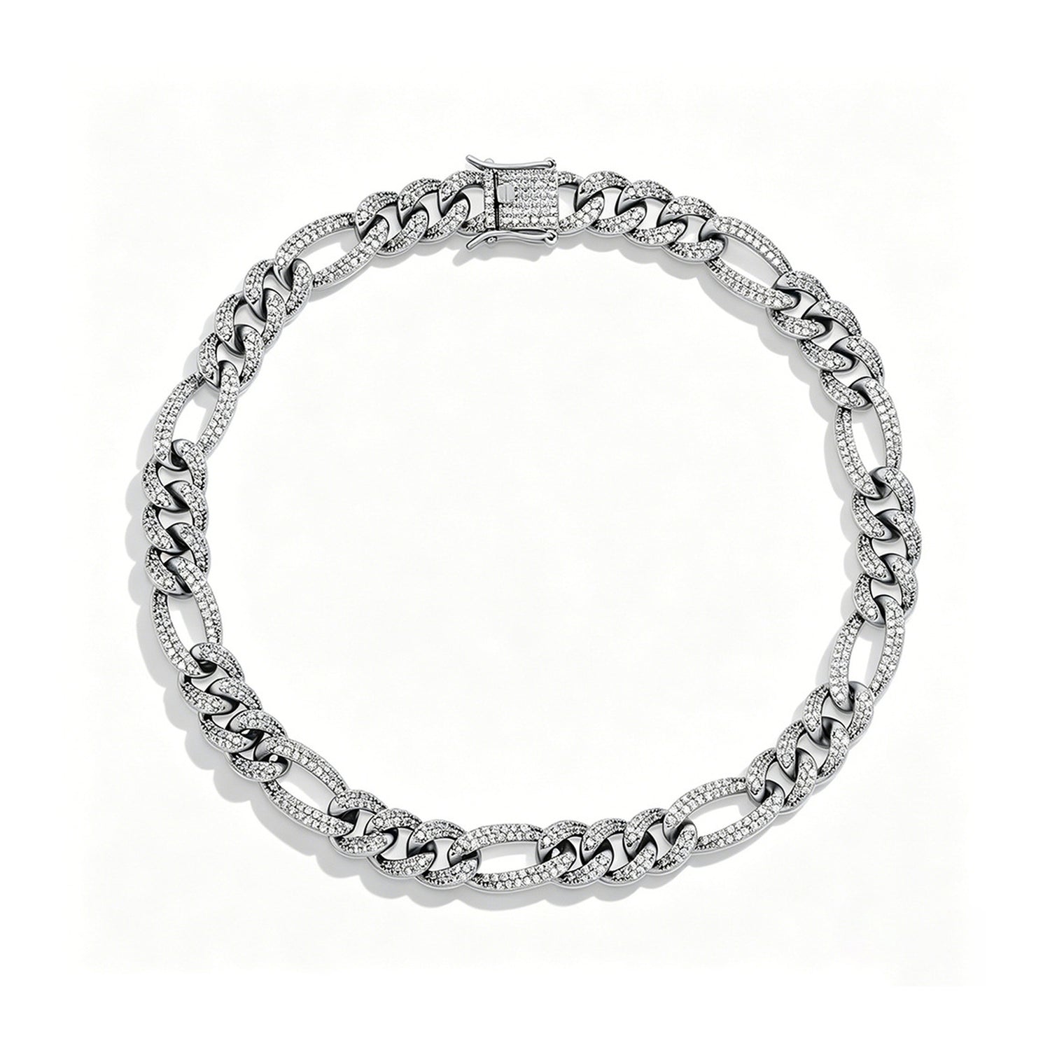 Silver 10mm iced out Figaro bracelet on a white background