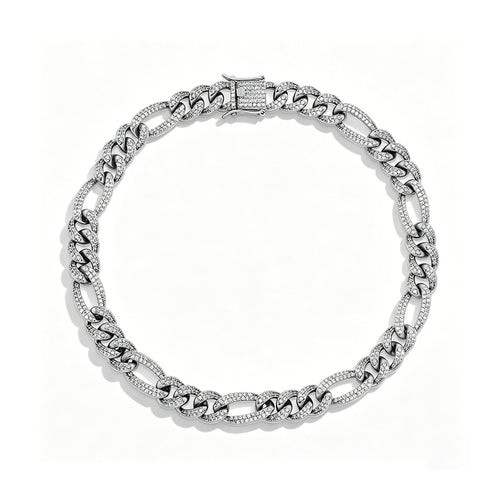 Silver 10mm iced out Figaro bracelet on a white background