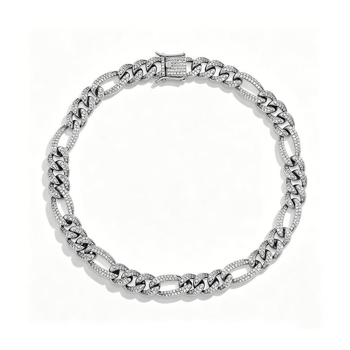 Silver 10mm iced out Figaro bracelet on a white background