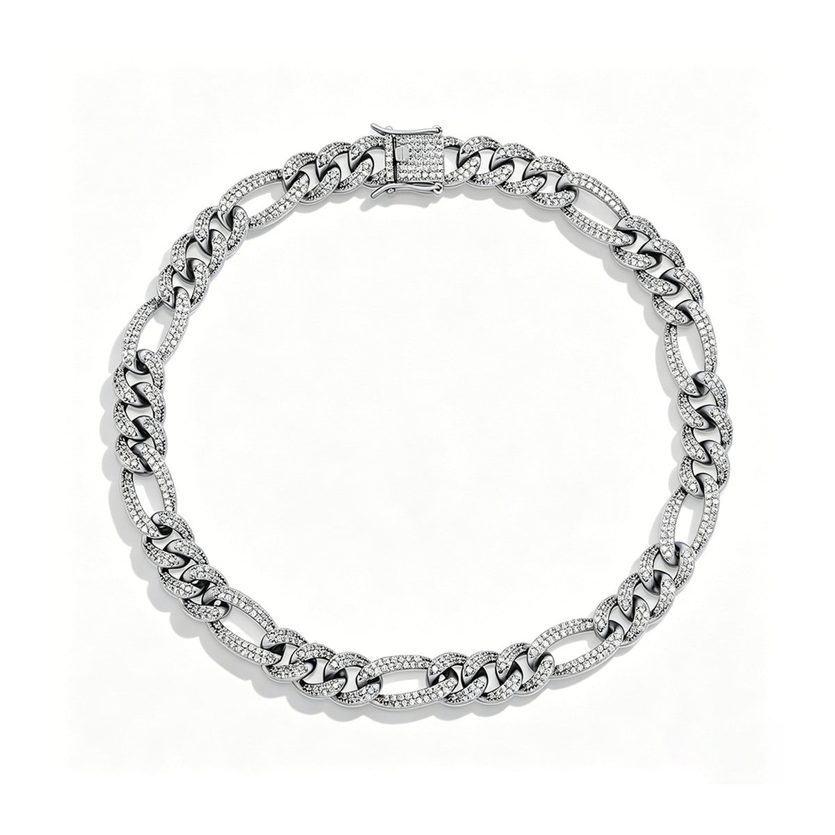 Silver 10mm iced out Figaro chain on a white background
