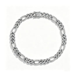 Silver 10mm iced out Figaro chain on a white background