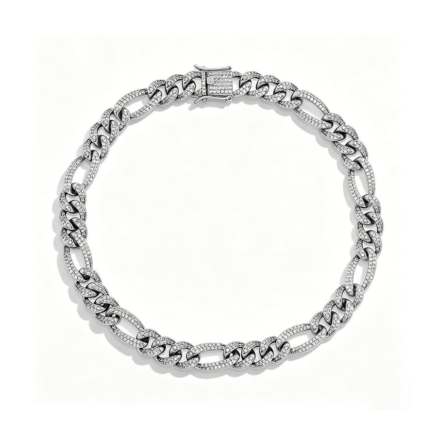 Silver 10mm iced out Figaro chain on a white background