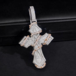 Silver and Rose Gold iced thorn-wrapped cross pendant on black