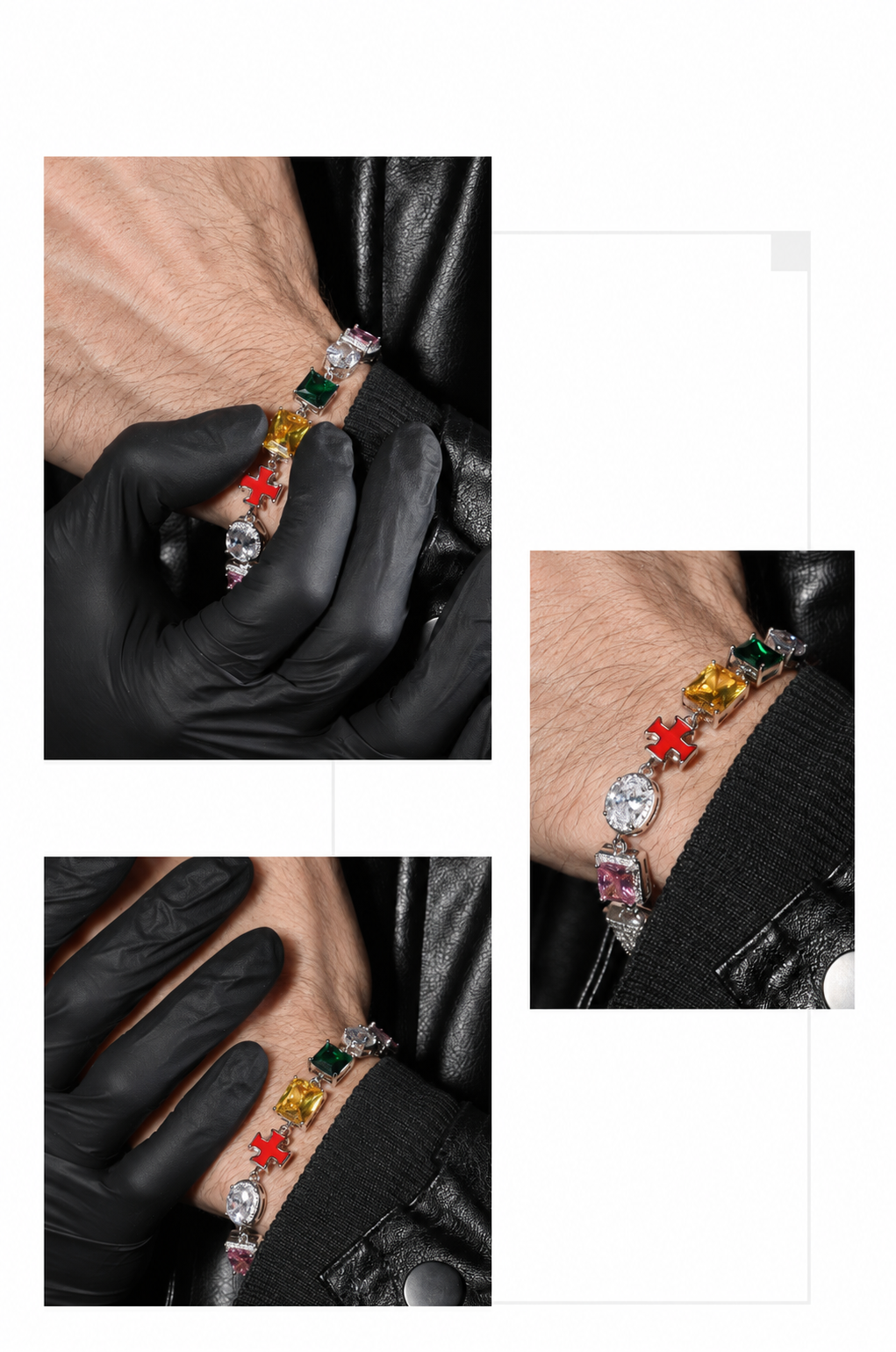 Three close-up views of the multicolor bracelet worn beside black leather and a gloved hand