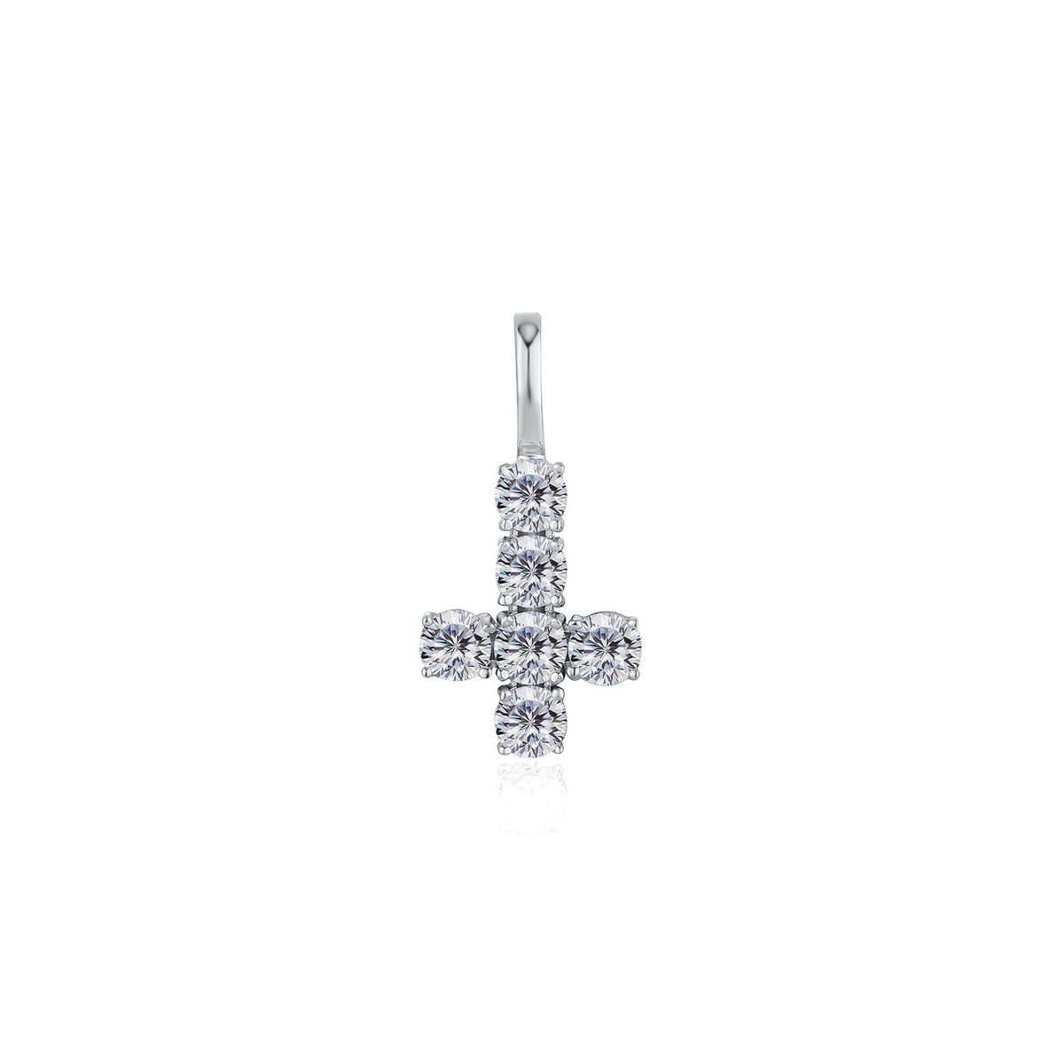 Silver round CZ inverted cross pendant isolated front view