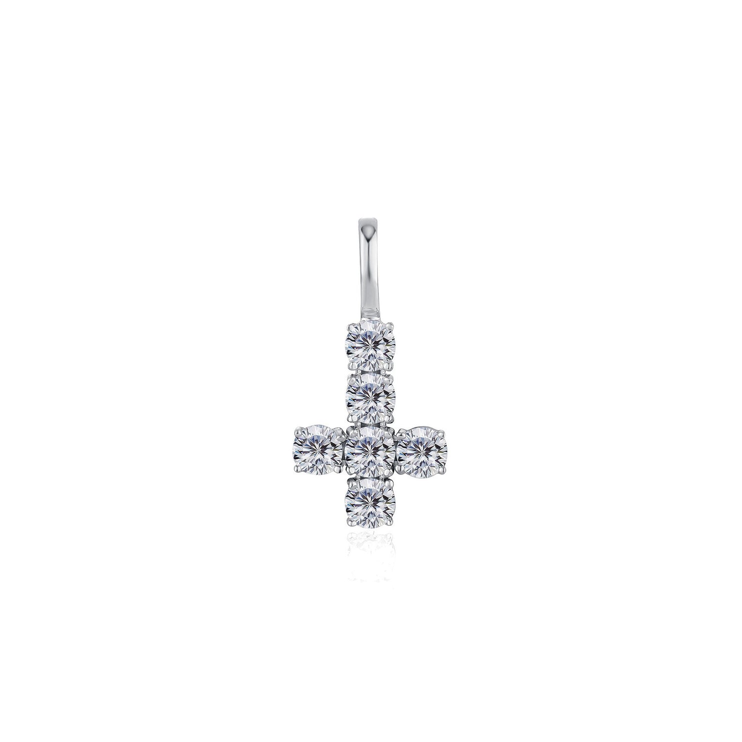 Silver round CZ inverted cross pendant isolated front view