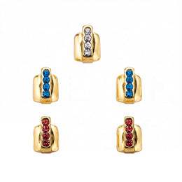 Gold five-piece tooth cap set with clear, blue and red stone bars