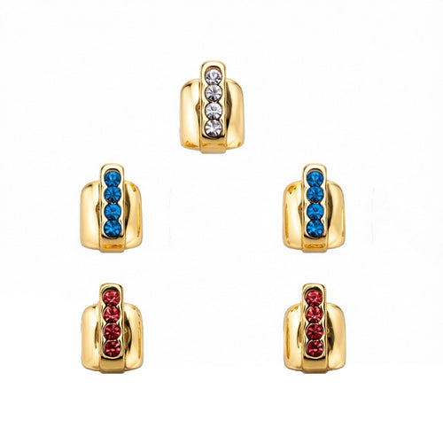 Gold five-piece tooth cap set with clear, blue and red stone bars