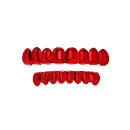 Smooth red upper and lower grillz with space between the two pieces
