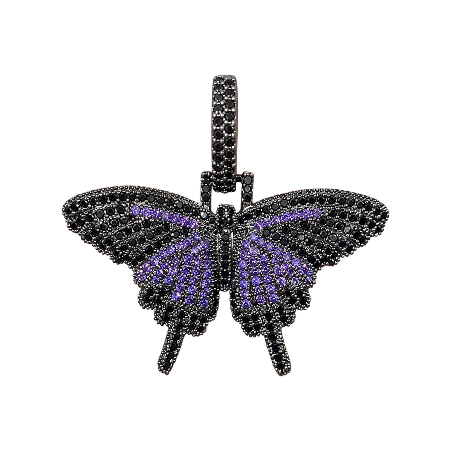 Black mini solid iced butterfly pendant with purple cubic zirconia on white