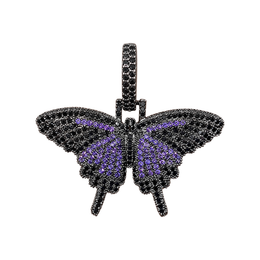 Black mini solid iced butterfly pendant with purple cubic zirconia on white