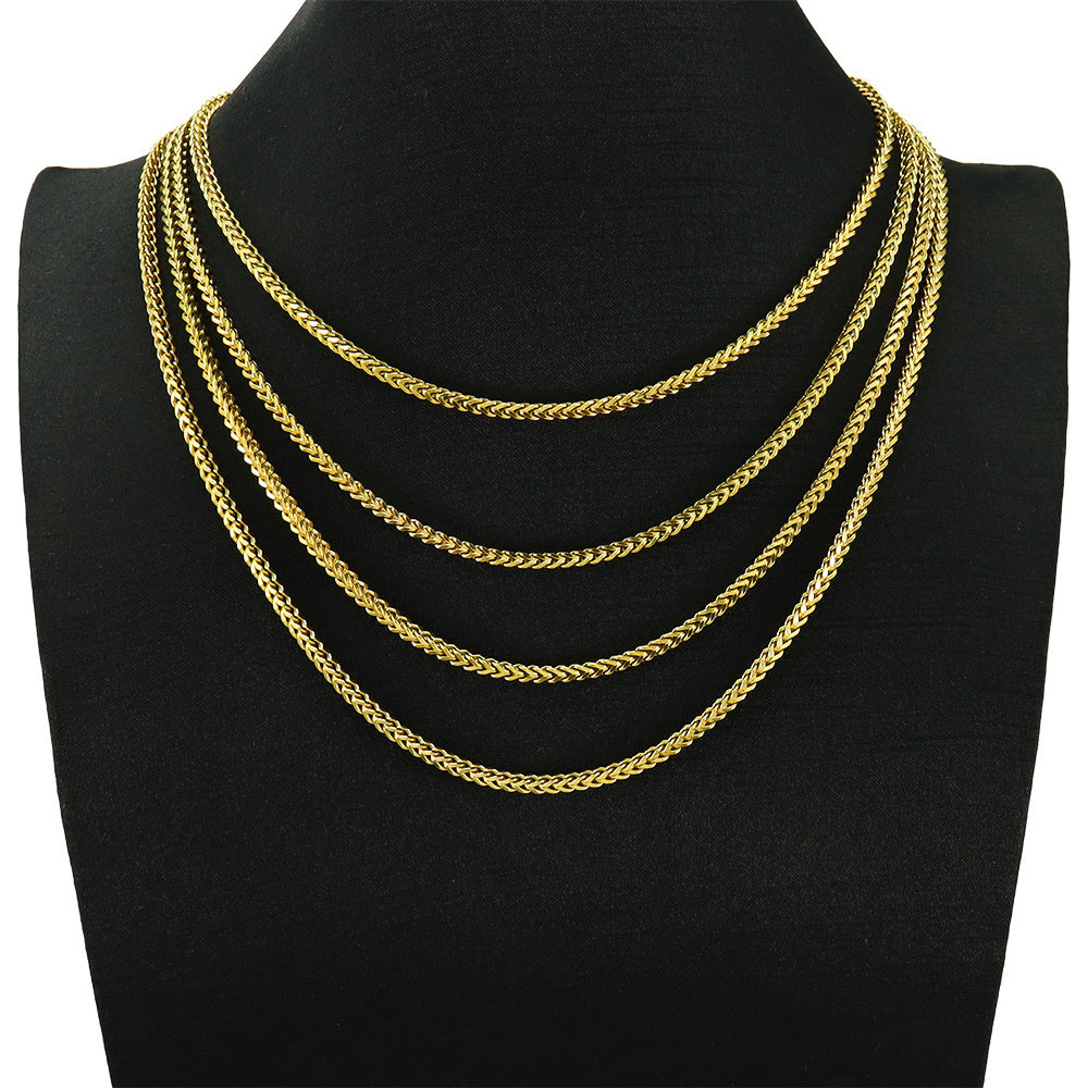 Gold 3mm Franco Chain length options on a display stand
