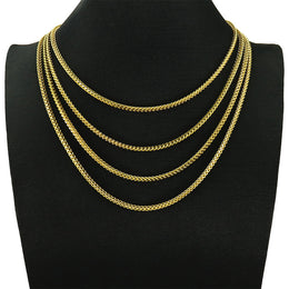 Gold 3mm Franco Chain length options on a display stand