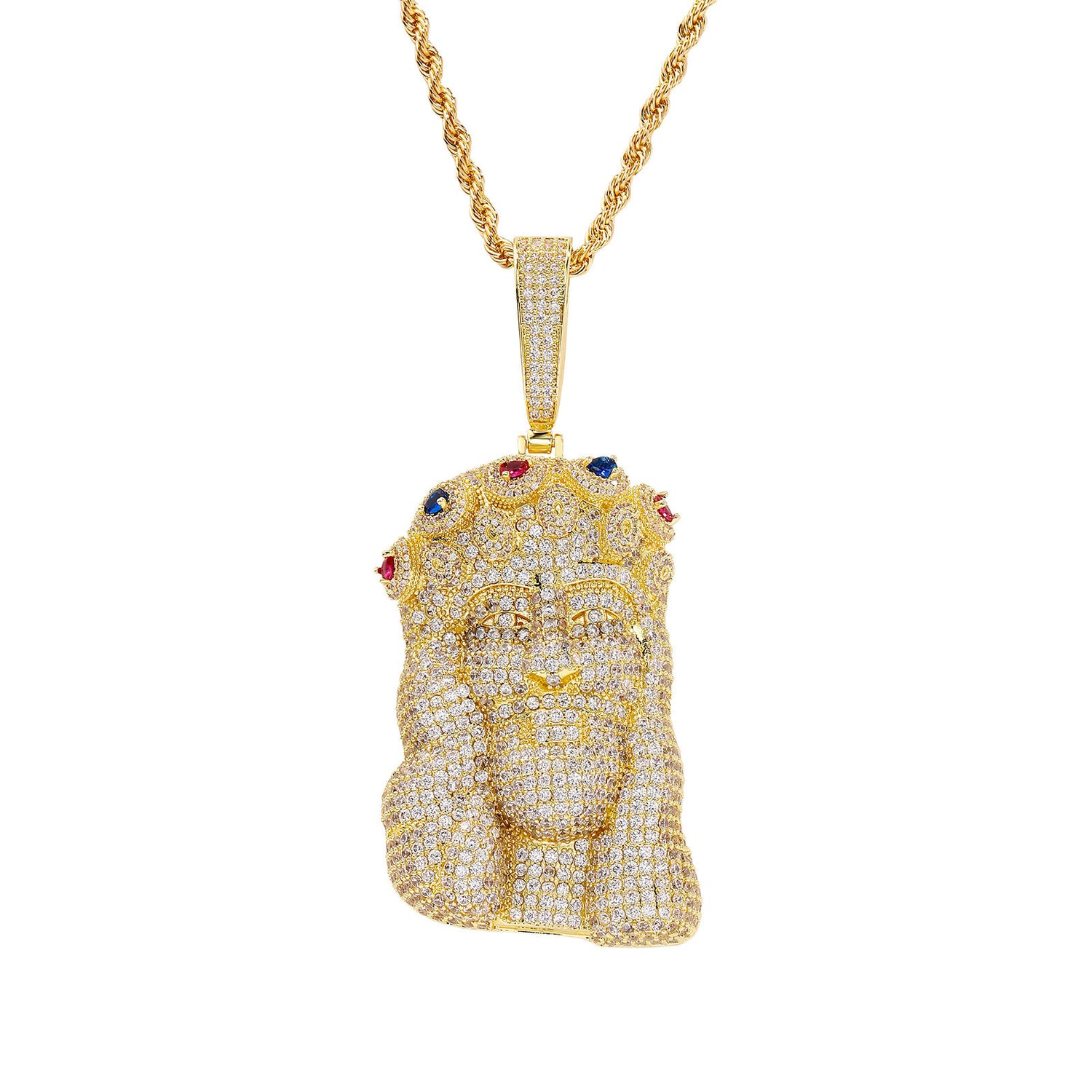 Gold iced out Jesus Piece pendant presentation view